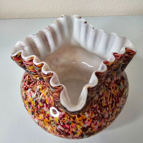 Victorian Franz Welz Spatter Glass Squat Short Crimped Bowl Vase Murrhina 4" - Picture 2 of 10